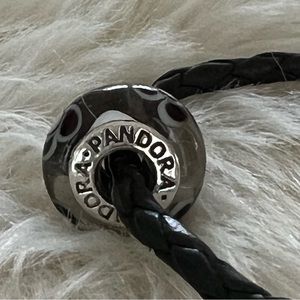 Pandora Retired Murano Glass Bead White/Black Floral Charm